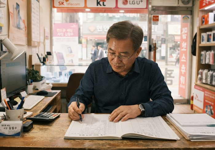 매장 카운터에 앉아 고객 명단을 살피는 판매점 사장님