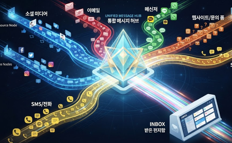 여러 채널에서 들어오는 메시지가 한곳으로 모이는 이미지