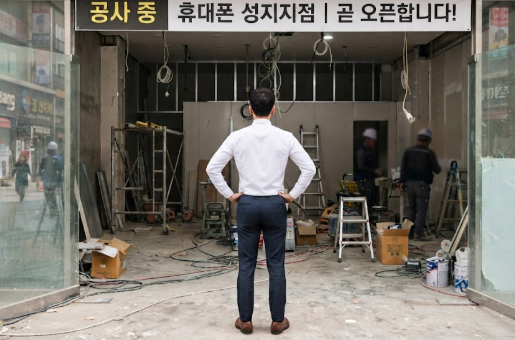 새 판매점 개업 준비 중인 빈 매장과 책상 위 서류들